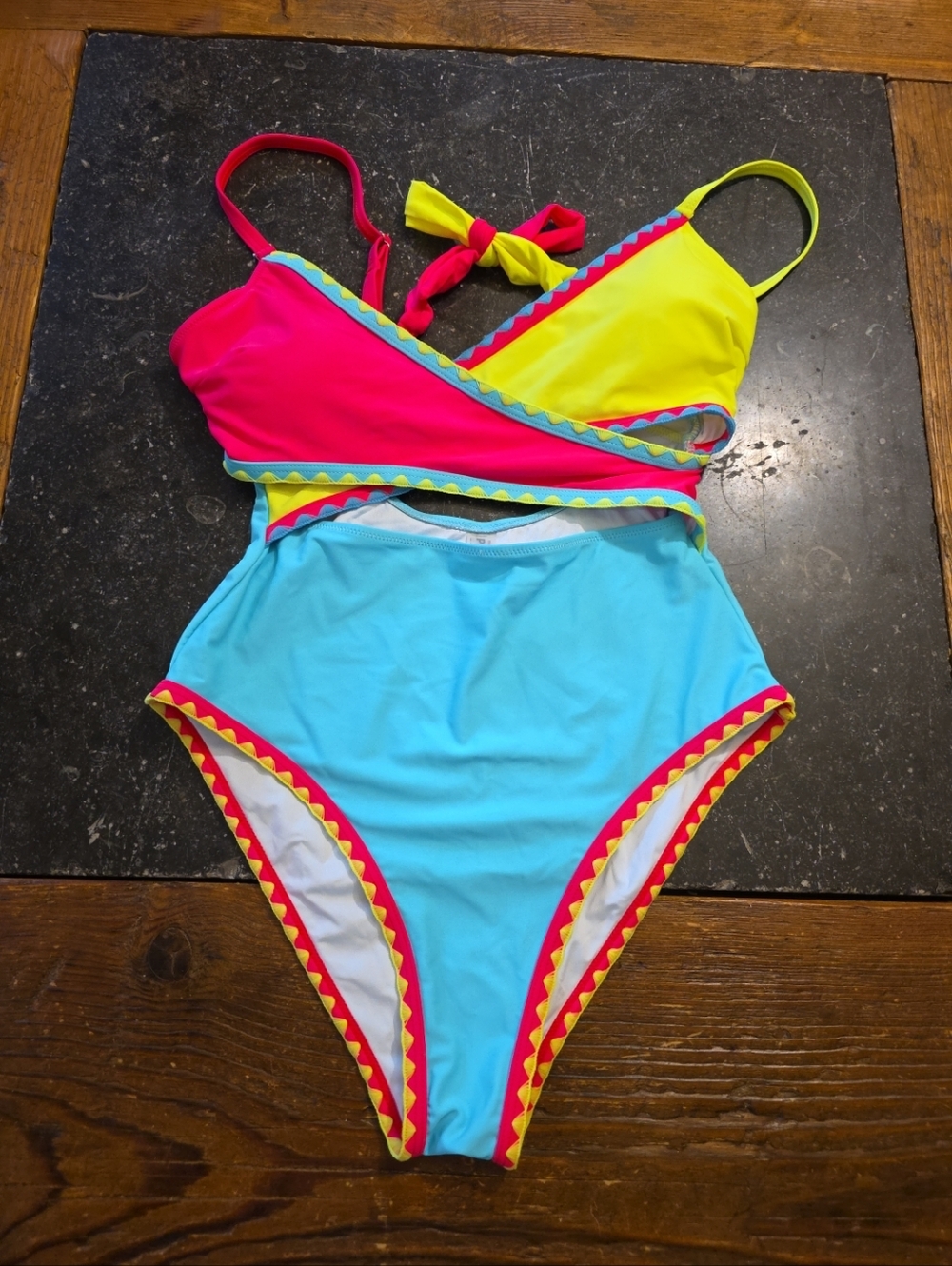 Popvil Wrap Shell Trim Cutout Crossover One Piece Swimsuit Neon Multicolor--NWT